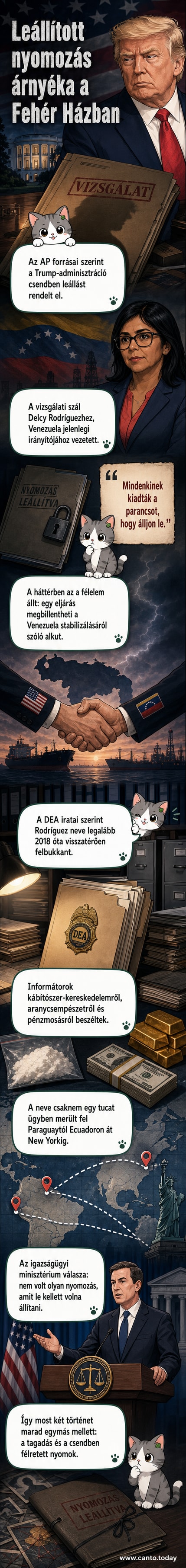 Fekete-fehér portrékép Delcy Rodríguezról, a venezuelai vezetőről, a háttérben az amerikai és venezuelai zászlók félig elmosódva