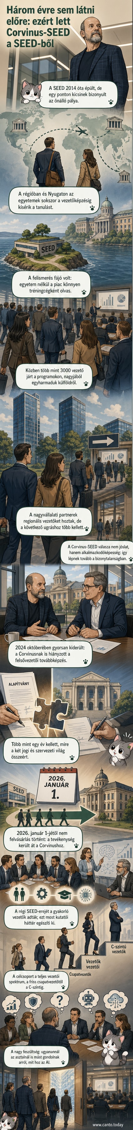 A Corvinus Egyetem és a SEED együttműködését jelképező illusztráció, ahol vezetők tanulnak AI és digitalizáció témákban egy modern, interaktív osztályteremben.