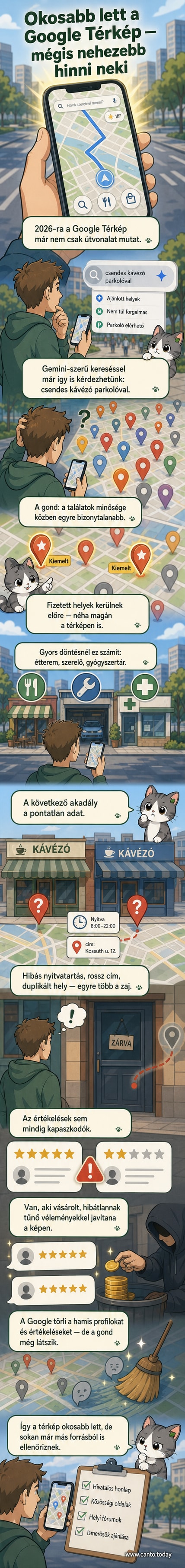 A Google Térkép ikonja mellett piros figyelmeztető ikonok jelzik a megbízhatósági problémákat, például hirdetések, hamis értékelések és pontatlan adatok.