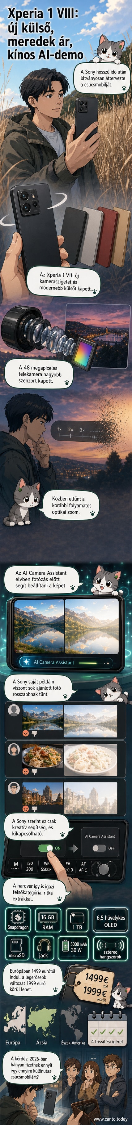 Az új Sony Xperia 1 VIII fekete és arany színben, négyzetes kameramodullal, modern dizájnnal, egy asztalon fekszik.
