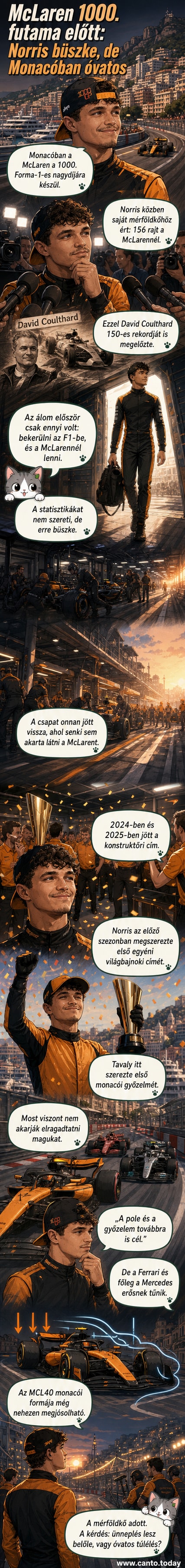 Lando Norris a McLaren versenyautójával a Monacói Nagydíj előtt, a háttérben a csapat logója és a tengerparti városkép.