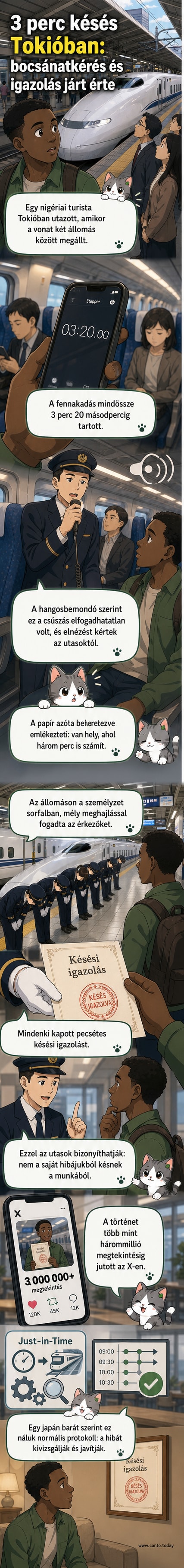 Japán vasútállomáson munkatársak mélyen meghajolva adják át a késési igazolást utasoknak, miközben egy férfi döbbenten nézi a jelenetet.