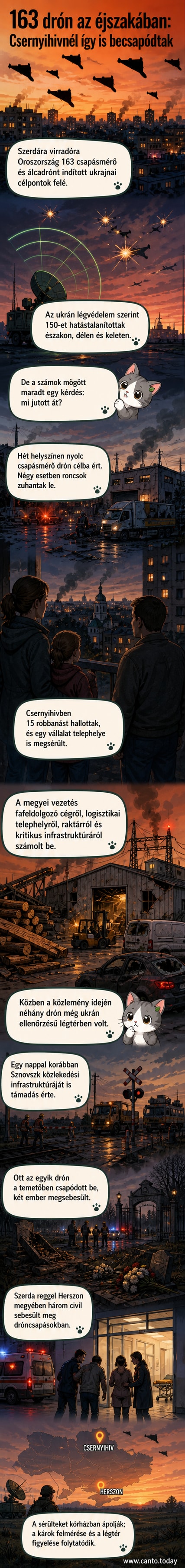 Éjszakai légvédelmi tüzek és drónok Ukrajna felett, Csernyihiv és Herszon megye környékén, ahol orosz drónok infrastrukturális célpontokat értek el.