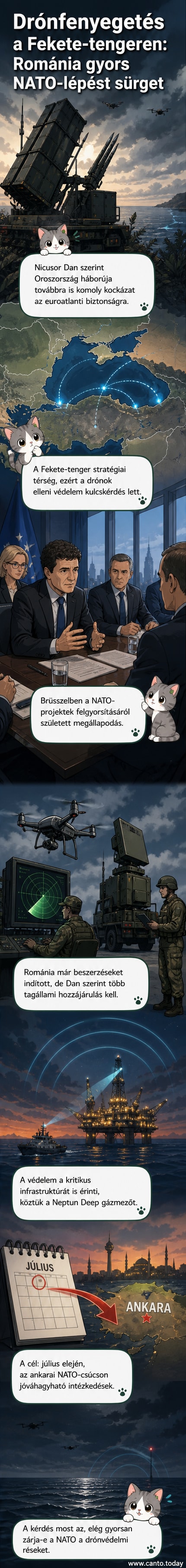 Fekete-tengeri katonai létesítmény mellett repülő drónokat ábrázoló illusztráció, NATO-logóval és védelmi elemekkel
