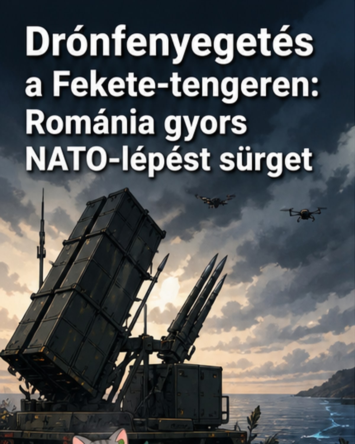Fekete-tengeri katonai létesítmény mellett repülő drónokat ábrázoló illusztráció, NATO-logóval és védelmi elemekkel