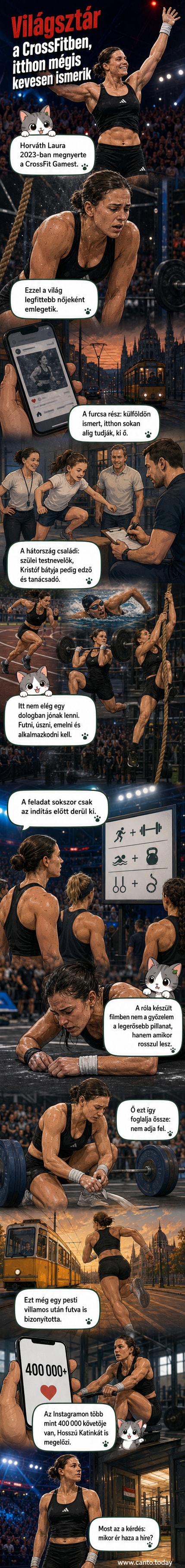 Horváth Laura, a CrossFit világbajnok, edzés közben, hátterben edzőterem és súlyzók