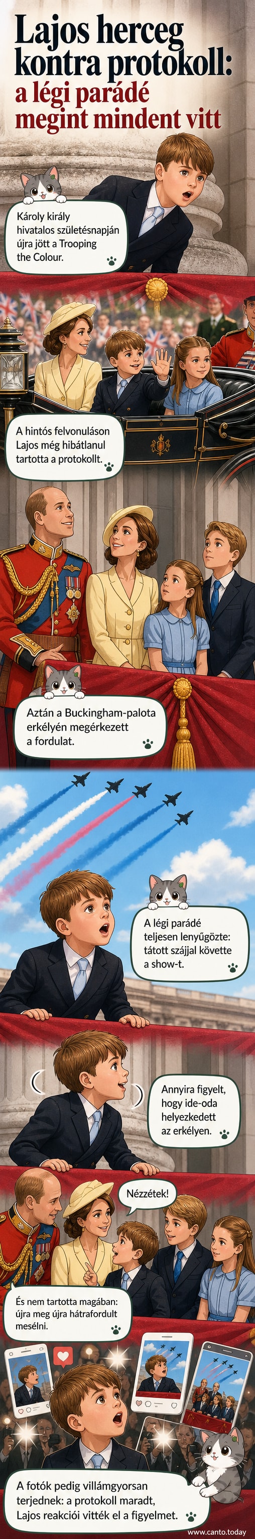 A Buckingham-palota erkélyén álló 8 éves Lajos herceg lelkesen figyeli a légi parádét, tátott szájjal, hátrafordulva a szüleihez és testvéreihez.