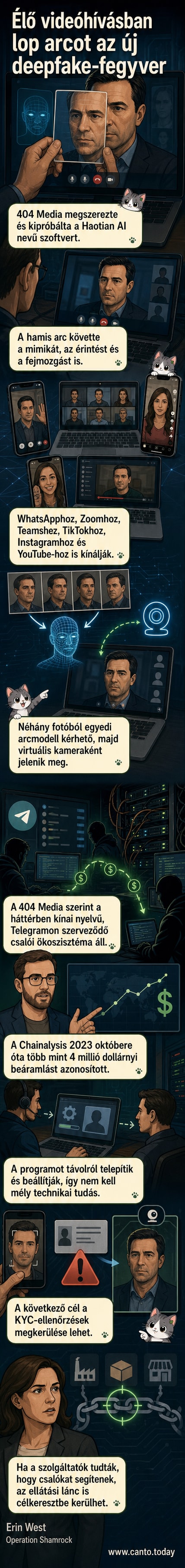 Illusztráció: két ember videóhívásban, az egyikük arca digitálisan másik személyre cserélődik valós időben, mögöttük monitorokon kódok és AI-szimbólumok