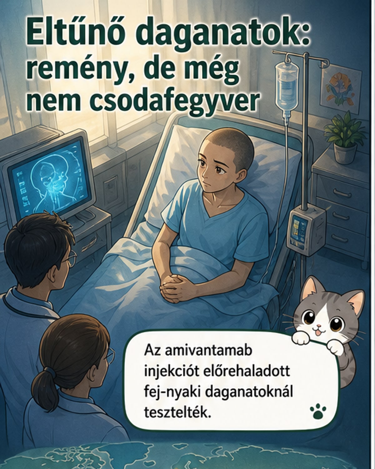 Mikroszkóp alatt látható ráksejtek, középen egy fecskendővel szimbolizált új kezelés