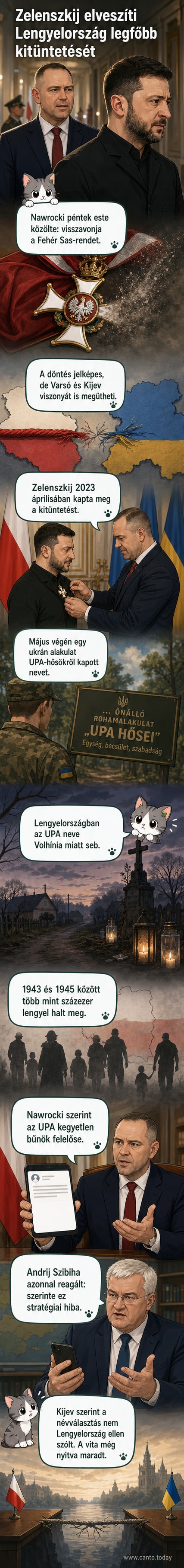 Lengyel és ukrán zászlók között szerepel egy visszavont kitüntetés ikonja, hátterében a Fehér Sas-rend és egy katonai alakulat neve: UPA.
