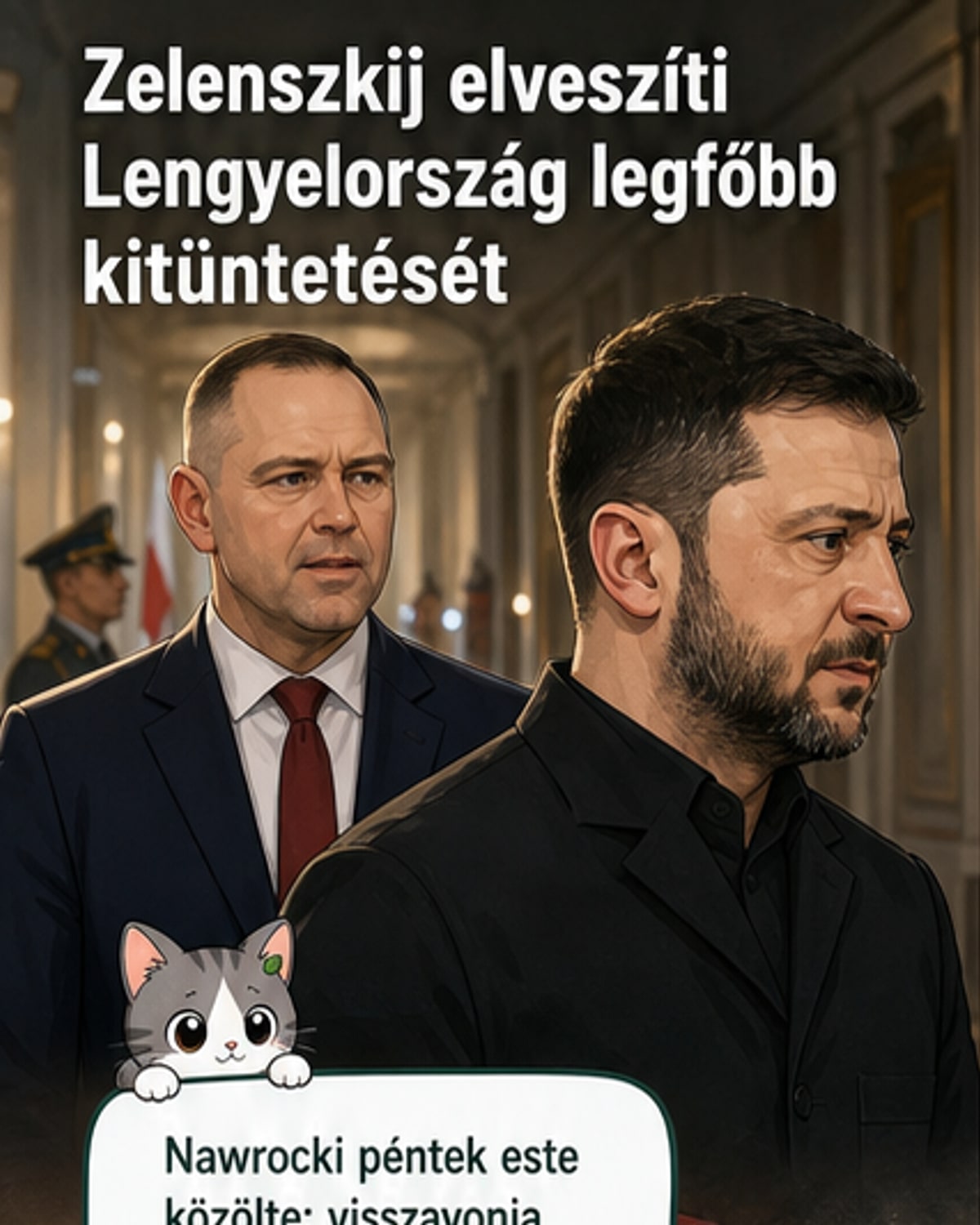 Lengyel és ukrán zászlók között szerepel egy visszavont kitüntetés ikonja, hátterében a Fehér Sas-rend és egy katonai alakulat neve: UPA.