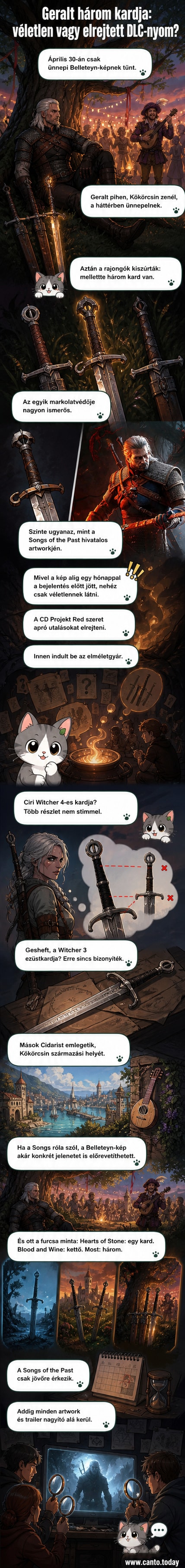 Geralt egy fa alatt pihen, három kard hever mellette, a háttérben Kökörcsin zenél egy faluban