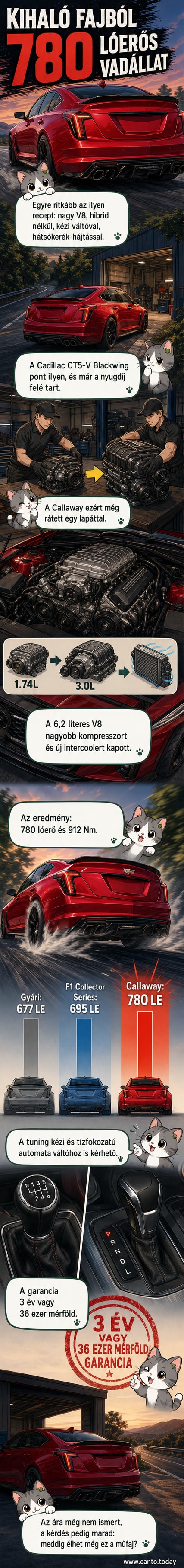 Fekete Cadillac CT5-V Blackwing autó út szélén, a motorháztető nyitva, erőteljes V8-as motorral.