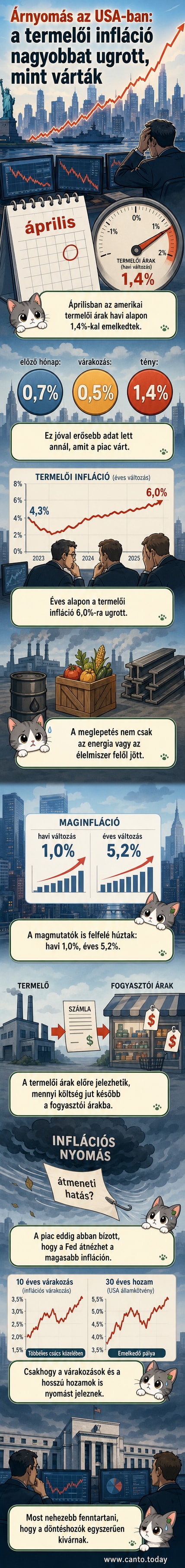 Illusztráció: USA zászló mellett növekvő grafikon, amely az infláció ugrását mutatja, piros nyíl felfelé mutat.
