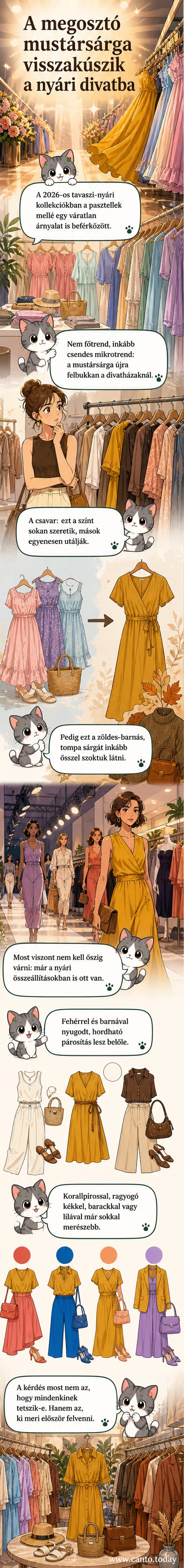 Mustársárga felsőt viselő modell, mellette divatkollekciókból származó képek, köztük Saint Laurent és Giambattista Valli darabjai.