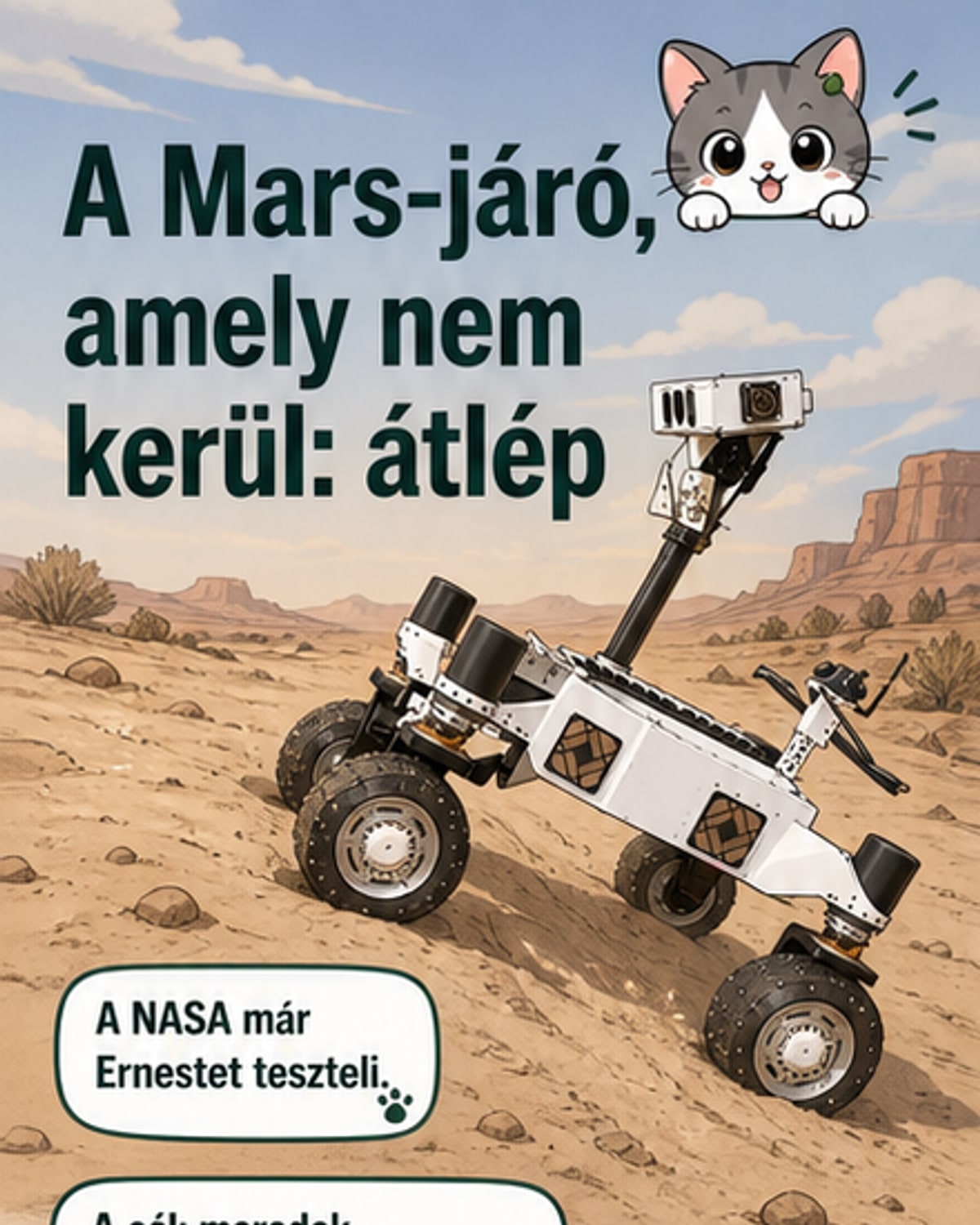 A NASA Ernest nevű Mars-járójának prototípusa a Colorado-sivatagban halad, emelt kerekekkel egy sziklás terepen.