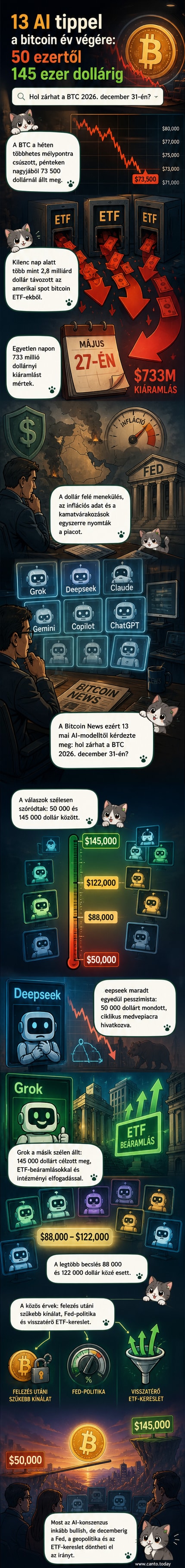 13 mesterséges intelligencia modell különböző előrejelzése a Bitcoin 2026. év végi árfolyamáról, 50 000 és 145 000 dollár között