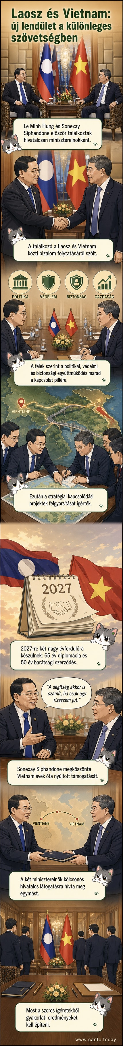 Két miniszterelnök találkozik asztalnál, kezet fogva, hivatalos környezetben, mögöttük zászlók.