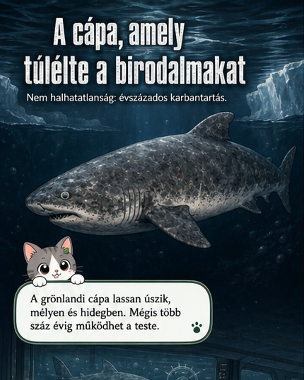 Egy lassan úszó grönlandi cápa a sötét, jeges vízben, mögötte időrétegek, amelyek a birodalmak bukását és a tudományos forradalmakat jelképezik.