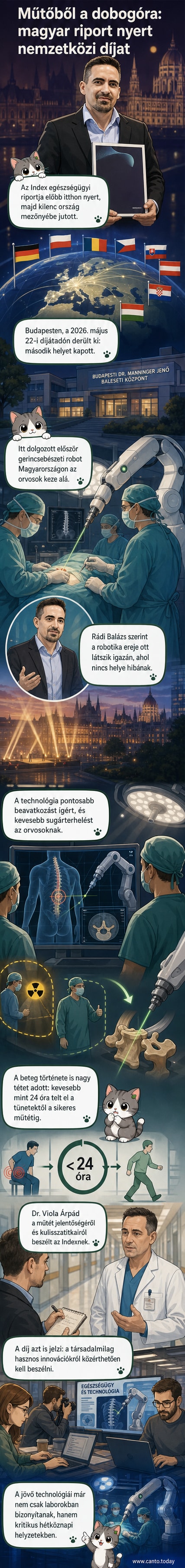 Rádi Balázs újságíró a Siemens Media Award díjátadó eseményén, a háttérben orvosi robot ábrázolása.