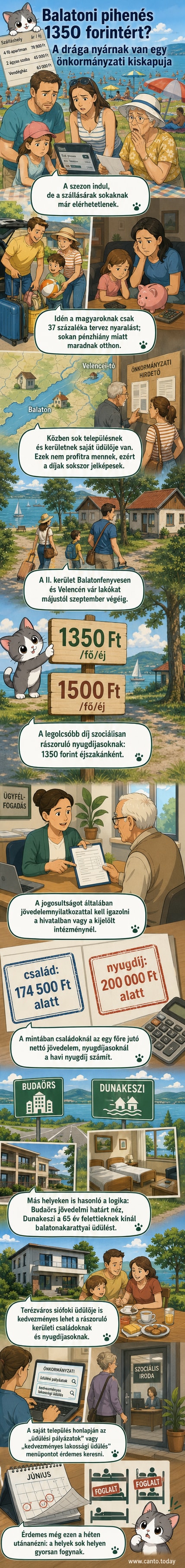 Idős pár és gyerekekkel teli család áll egy szimpla, vidéki tábortól nem messze, a hátuk mögött a Balaton kék vize látszik, előttük tábla, amelyen kedvezményes árak szerepelnek.