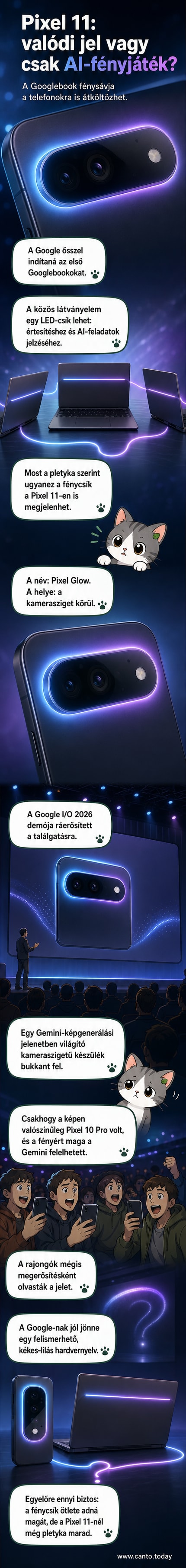 Rajzolt jövőbeli okostelefon hátulján kör alakú kameramodul körül kék-lila fénycsík világít, alatta laptop is látható ugyanilyen megjelenítéssel.