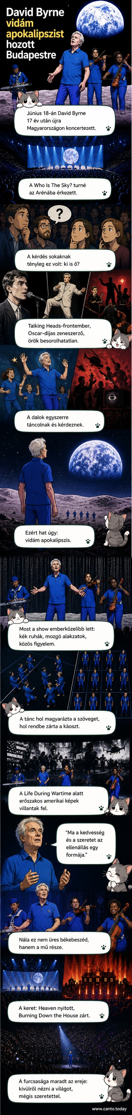 David Byrne színpadi ruhában, kék egyenruhában áll, körülötte táncosok és zenészek, a háttérben nagy kivetítők mutatják a show vizuális világát.