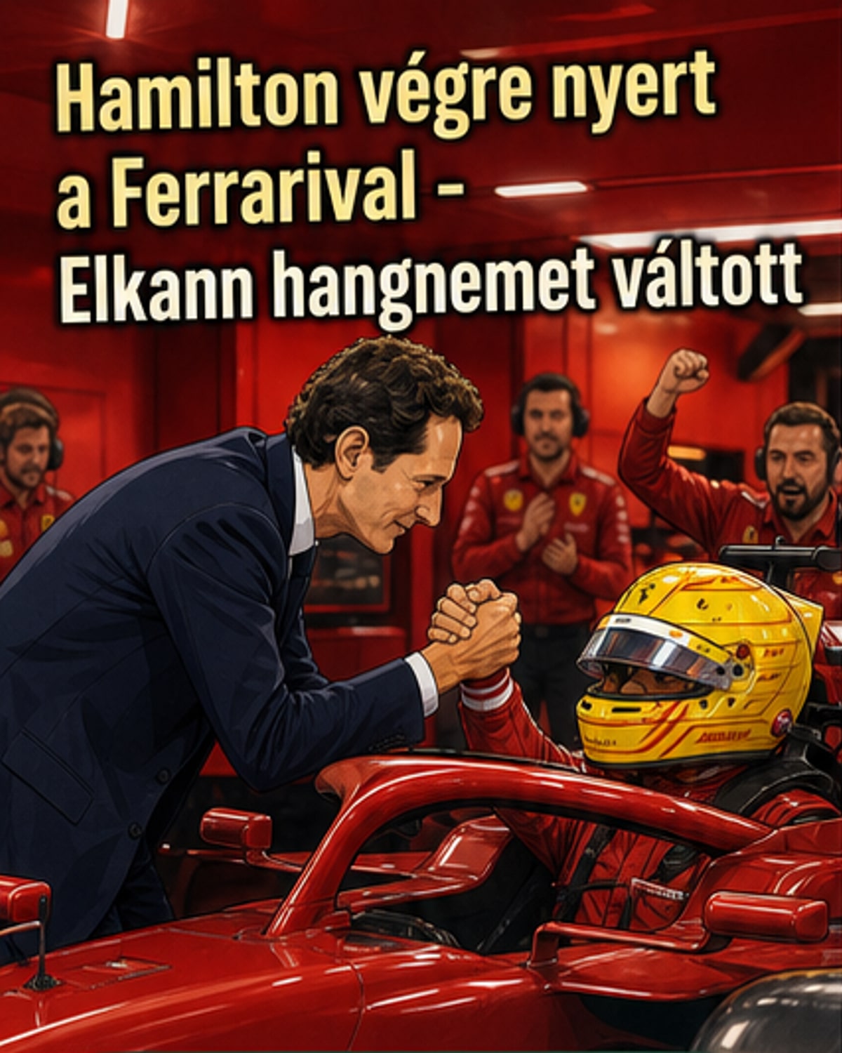 Lewis Hamilton a Ferrari versenyautójában ünnepel a barcelonai pályán, miközben a Ferrari logó és a dobogó látható körülötte.