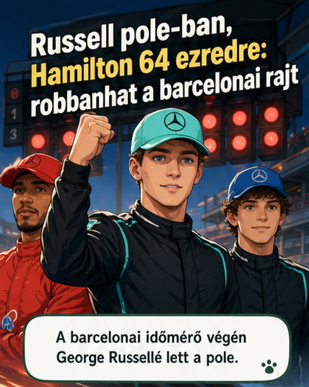 George Russell, Lewis Hamilton és Andrea Kimi Antonelli az időmérő utáni első három helyen, Barcelonában