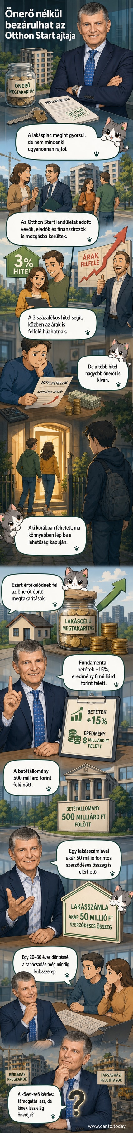 Két ember áll egy új építésű lakás előtt, kezükben papírokkal, hátuk mögött növekvő grafikon, amely a lakásárak és a megtakarítások kapcsolatát mutatja