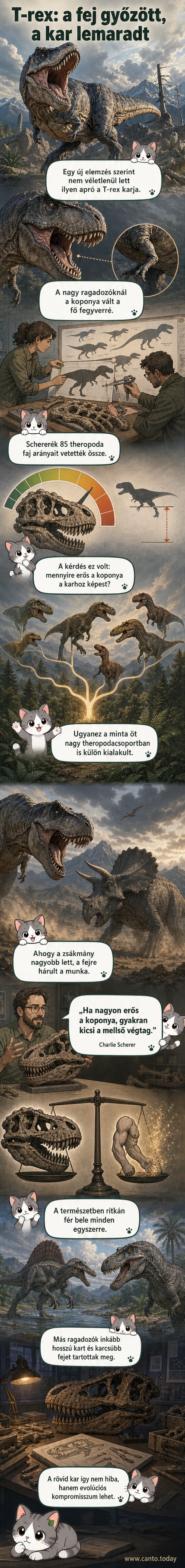Illusztráció: egy T-rex dinoszaurusz, amelynek kicsi karjai és hatalmas feje kiemelkedik a testéhez képest, a háttérben evolúciós ábra mutatja a fej és kar arányának változását.