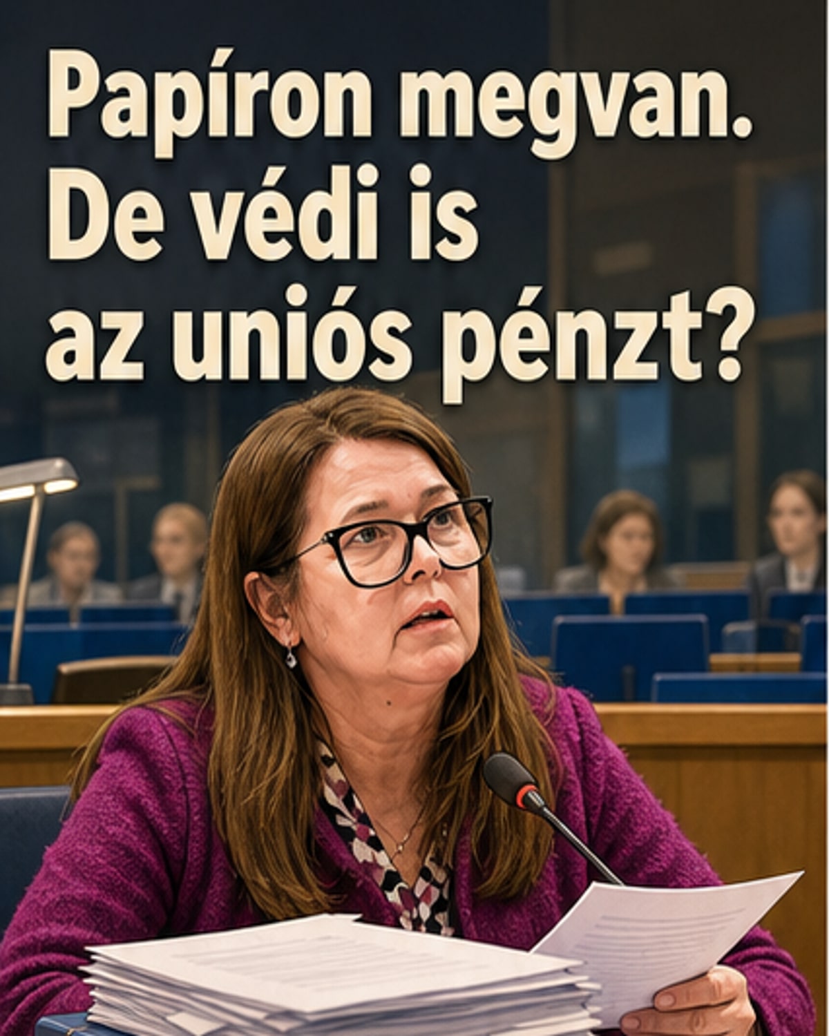 Stílusos illusztráció: Európai Számvevőszék logója mellett papírlapokból épített, de repedező torony, hátterében uniós zászló