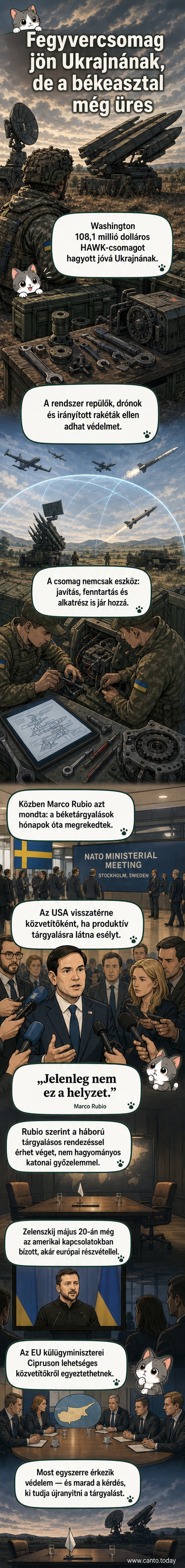 Kép egy HAWK légvédelmi rendszer antennájáról és egy tárgyalóasztal mellett álló diplomaták körvonaláról, szimbolizálva a katonai és diplomáciai frontokat.