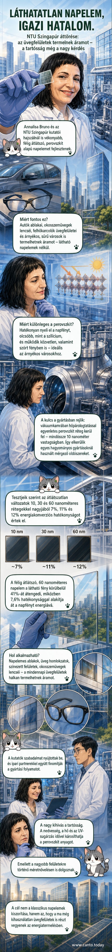 Kutató nő egy ultravékony, átlátszó napelemen néz keresztül, kezében tartva a mintadarabot. A háttérben laborberendezések láthatók.