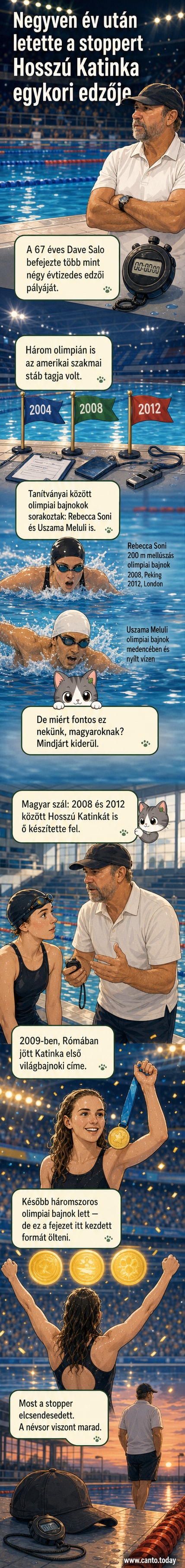 Idősödő férfi úszóedző áll medenceparton, kezében papírral, háttérben úszók a pályán.