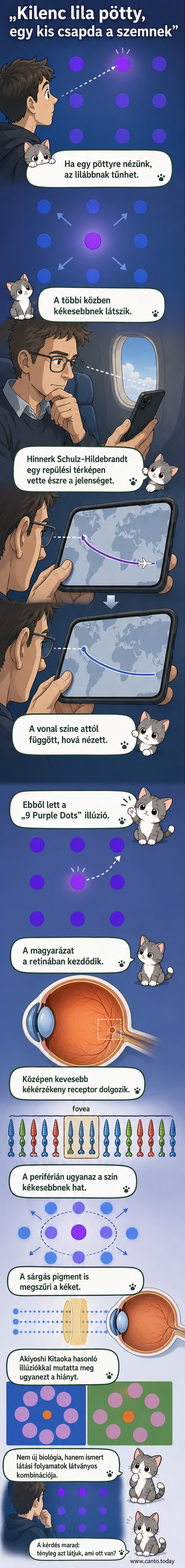 Kilenc lila pötty kék háttéren, közülük egyre fókuszálva a többi kéknek látszik