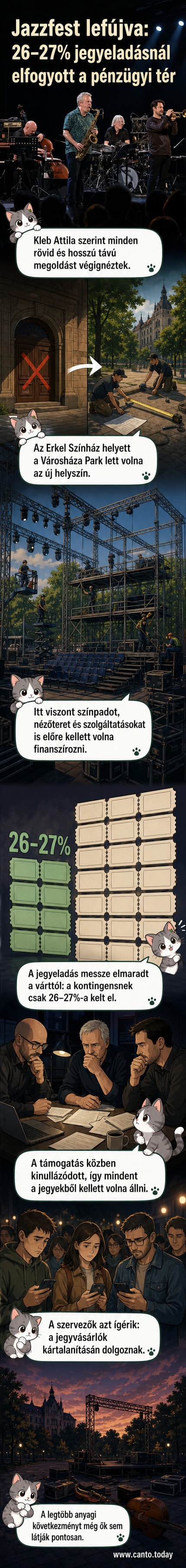 Üres szabadtéri színpad helyszín, a Jazzfest hivatalos logója eltűnt, csak a Városháza Park csendje maradt.