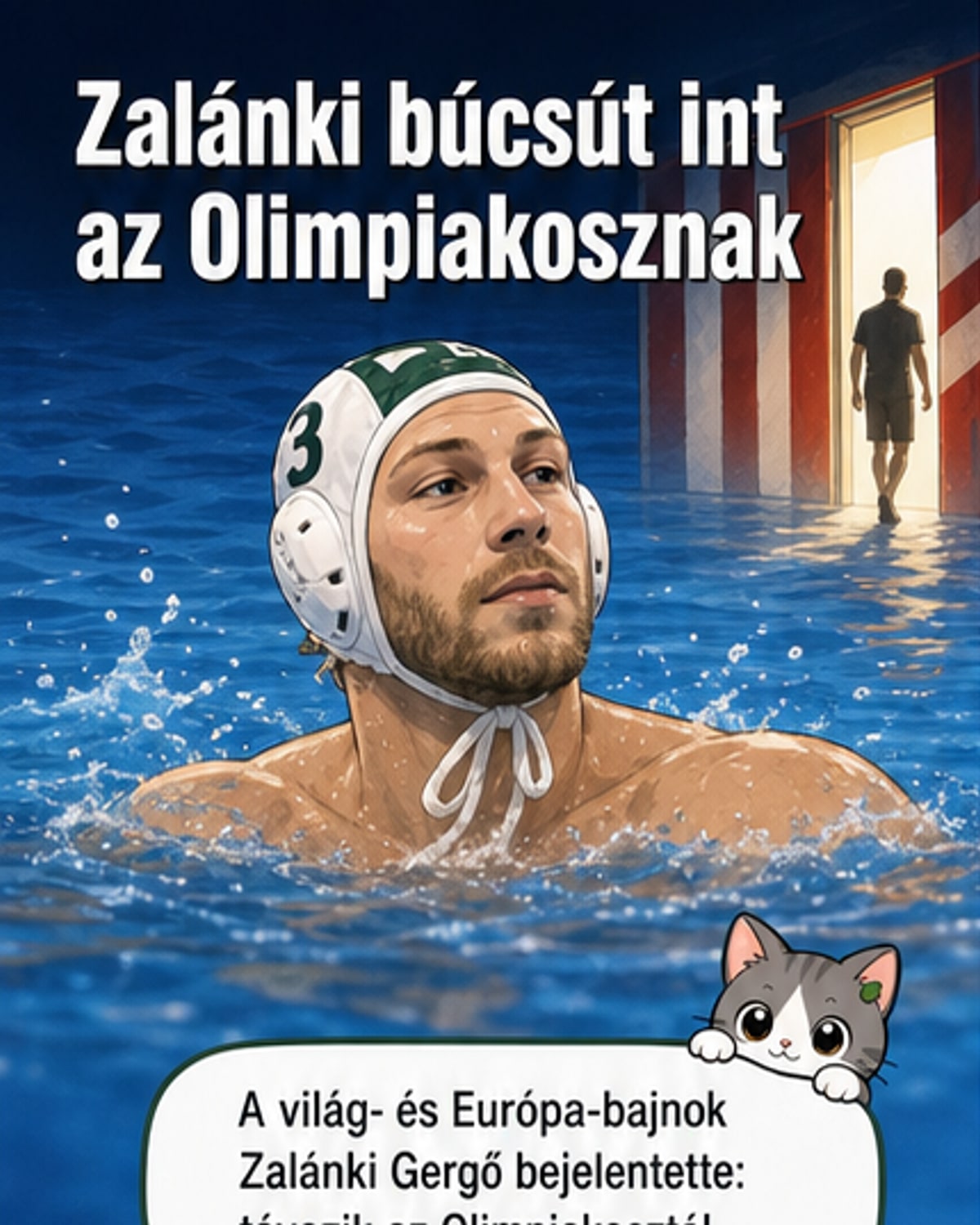 Zalánki Gergő vízilabdázó a vízben, kezében labdával, hátul a görög Olimpiakosz logója.