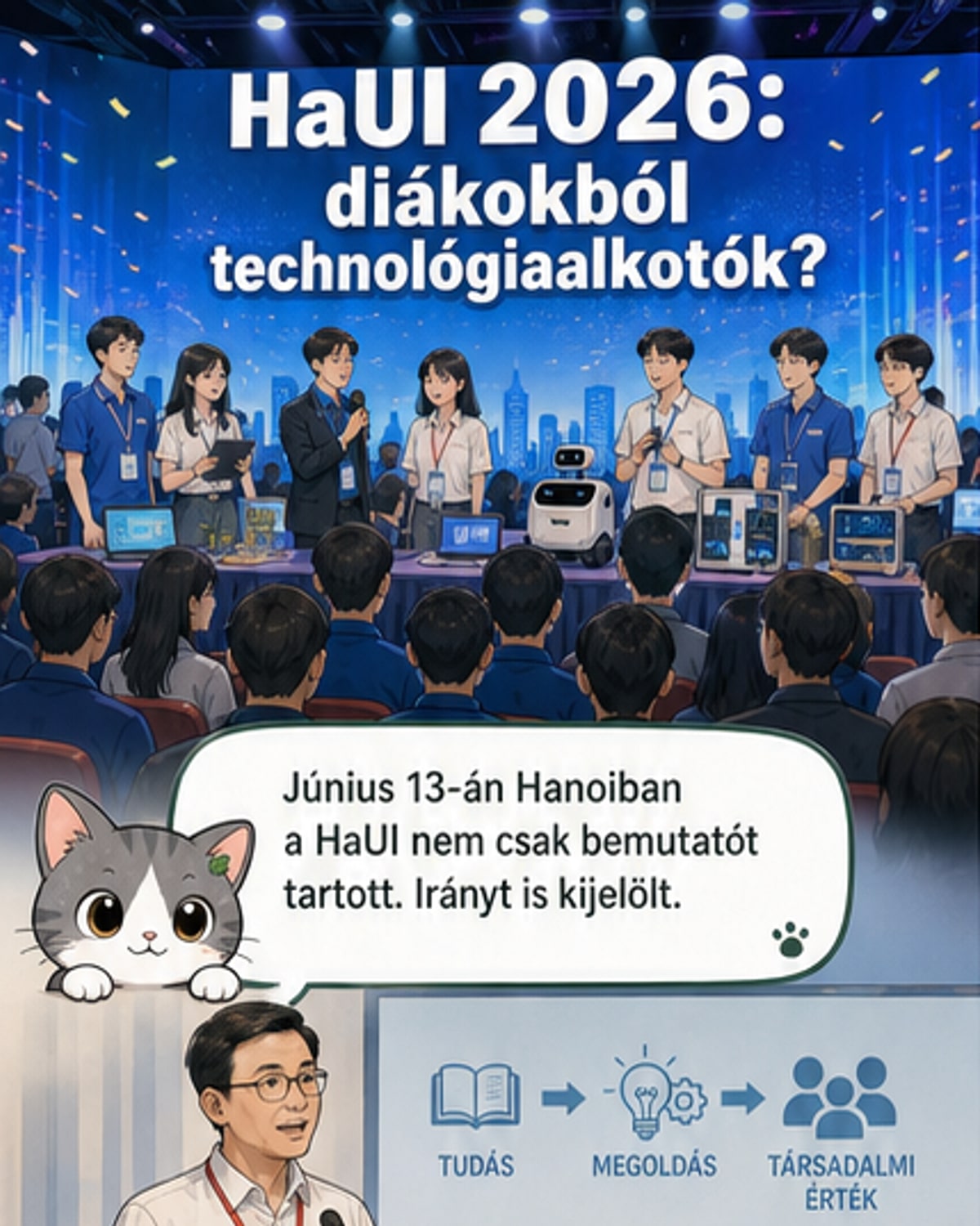 A Hanoi Ipari Egyetem hallgatói bemutatják a LumiR nevű, látássérülteket segítő robotjukat egy kiállításon, ahol szakértőkkel is beszélgetnek.