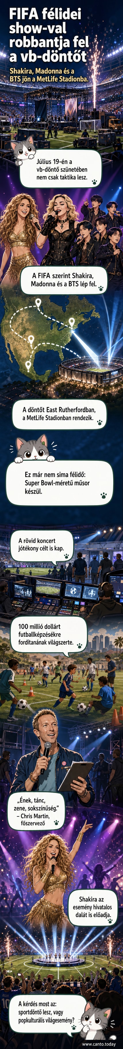 A MetLife Stadionban zajló félidei show színpadán Shakira, Madonna és a BTS együtt szerepelnek, fények és tömeg közepette, a labdarúgó-világbajnokság döntőjének szünetében.