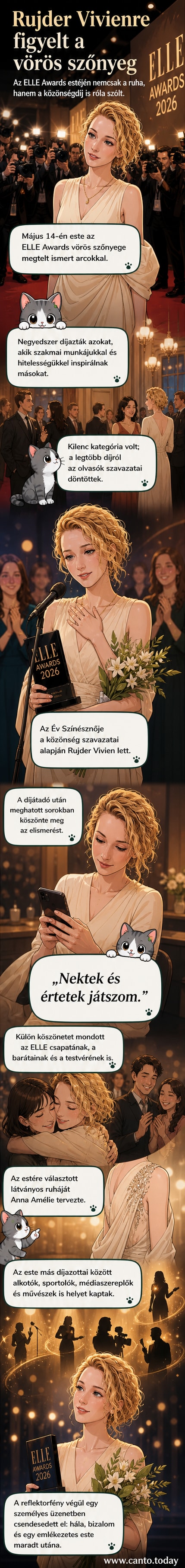 Rujder Vivien mosolyogva áll a vörös szőnyegen, elegáns, látványos ruhában, körülötte fotósok és vendégek.