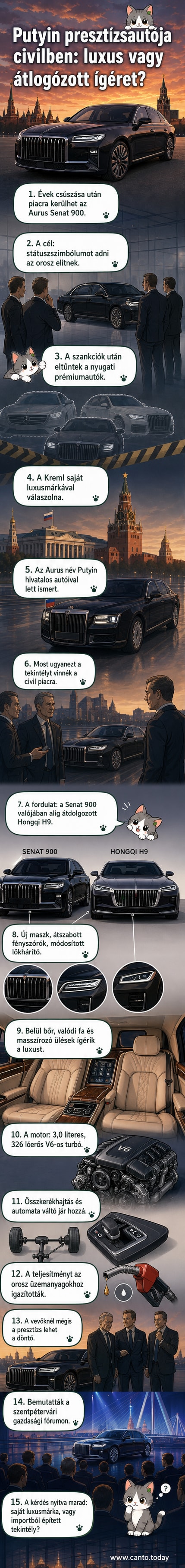 Egy hatalmas, fekete színű luxuslimuzin, az Aurus Senat 900, oldalnézetből, monumentális hűtőmaszkkal és széles karosszériával, elegáns külső megjelenéssel.