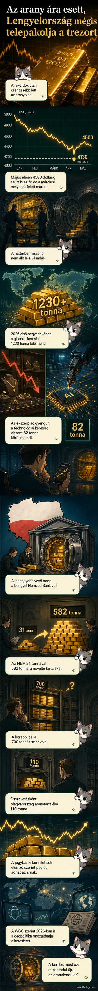 Aranyrudak és a Lengyel Nemzeti Bank logója mellett grafikon az arany árának alakulásáról