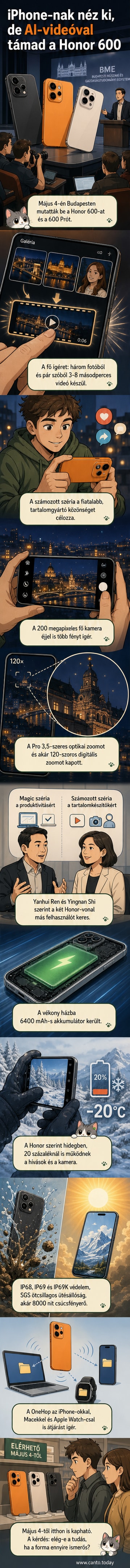 A Honor 600 és Honor 600 Pro okostelefonok elegáns, iPhone-szerű dizájnnal, két különböző színváltozatban, egy modern bemutatóteremben, háttérben diavetített AI-videó készítési folyamattal.