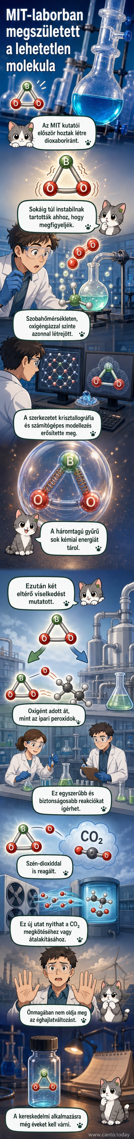 Illusztráció: egy háromszögletű molekulaszerkezet – középen bór, két oldalt oxigénatom –, amely körül energiahullámok és szén-dioxid-molekulák láthatók.