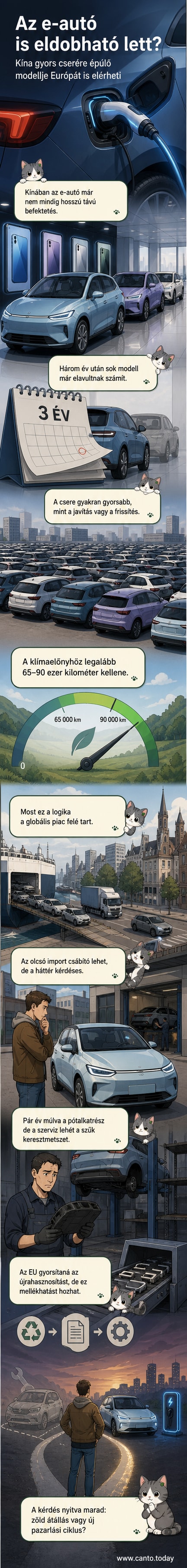 Kínai elektromos autók sorakoznak egy raktárban, mögöttük óriási kijelzőn okostelefon-szerű frissítési ciklusok láthatók.