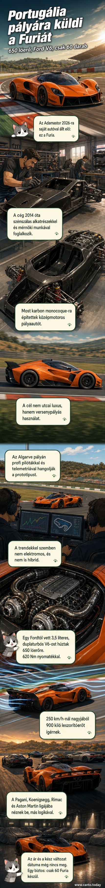 A portugál Adamastor Furia szupersportautó oldalról, sötétkék színben, alacsony profilú karosszériával és széles hátsó futóművel, egy versenypályán állva.