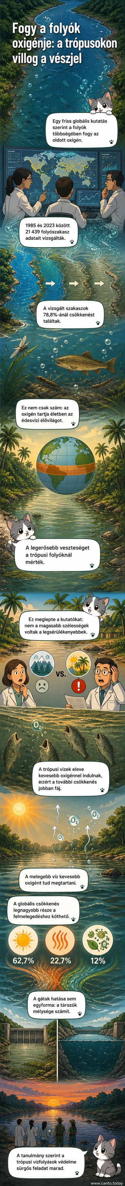 Egy folyóparti táj, ahol a víz színe halványkékből sötétebbé válik, jelezve az oxigénvesztést – grafikai stílusban
