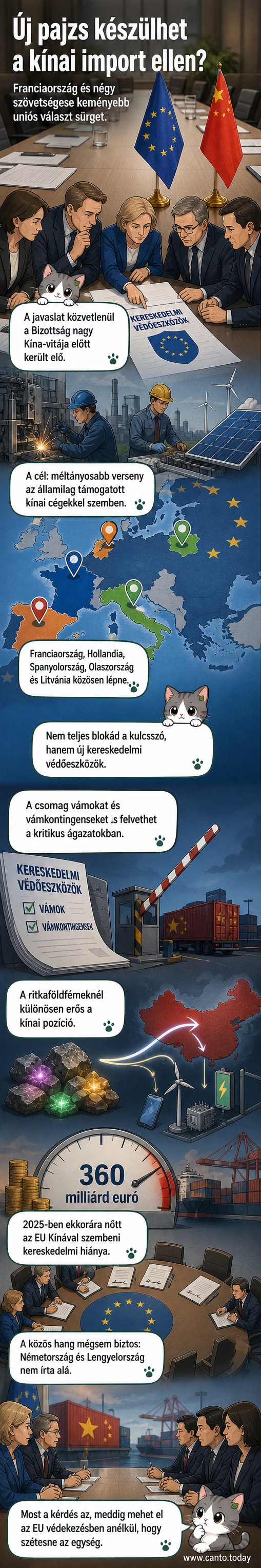 Európai és kínai zászlók egymással szemben, középen pénzérmék és kereskedelmi dokumentumok, háttérben vámvizsgálati sorompó