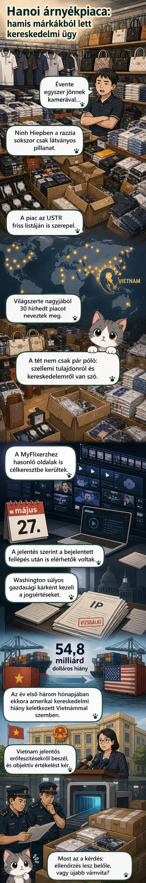 Vietnámban egy nagykereskedelmi piacon hamis márkás ruhákat árulnak, miközben az Egyesült Államok kereskedelmi hatóságai figyelmeztetnek a szellemi tulajdon-sértésekre.